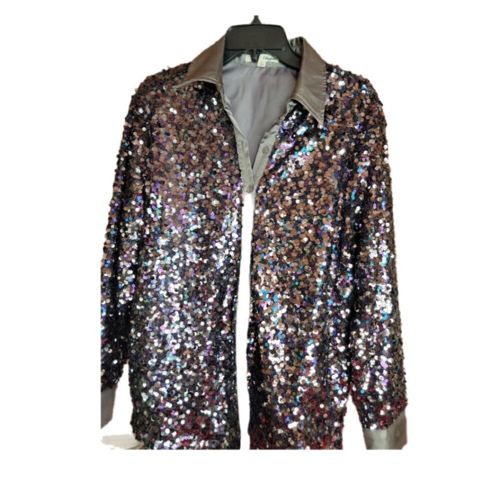 LilyPad Sequin Button Up Shirt Size M Multicolor Sparkle Party Top - Picture 2 of 4